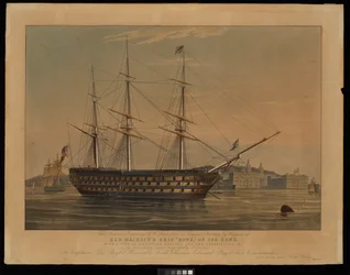 Deze nationale gravure door W. Read, naar een origineel schilderij van Huggins, toont Hare Majesteits schip Howe, met 120 kanonnen, met uitzicht op het Greenwich Hospital en het Observatorium, enz.