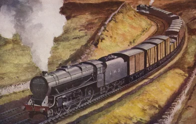 Een zwaar beladen sneltrein (kleurenlitho)