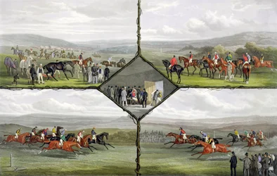 Race-incidenten, gegraveerd door Edward Gilbert Hester (ca. 1843-1903) gepubliceerd door Arthur Ackermann, 1876 (gekleurde aquatint)