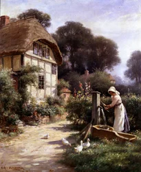 Water putten bij een huisje 1917. Een jonge boerin haalt water uit een dorpsfontein (bronwater) met ganzen aan haar zijde. Op de achtergrond staat een vakwerkhuisje met een rieten dak. Schilderij van William Kay Blacklock (1