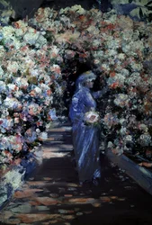 De bruid. Een jonge bruid plukt bloemen onder een boog in een tuin. Schilderij van William Kennedy (1859-1918 Brits) Privécollectie