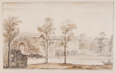 Chiswick, ontwerp voor een rustieke waterval en brug tegen het terras