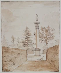 Chiswick, uitzicht op de Dorische zuil met Venus de Medici-beeld en een glimp van de zijkant van het hertenhuis