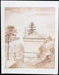 Chiswick, uitzicht op de zijkant van het Hert Huis genomen vanaf de binnenste oever van de ha-ha van het hertenverblijf en met een glimp van de Dorische Kolom (pen & was op papier)