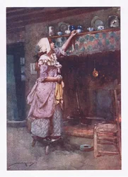 Terwijl gebroken theekopjes, wijs bewaard voor de show, gerangschikt over de schoorsteen, glinsterden in een rij