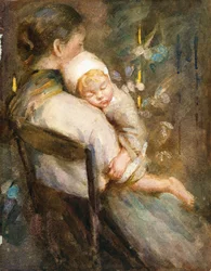 Jonge Moeder met Slapend Kind op haar Schoot (aquarel op papier)