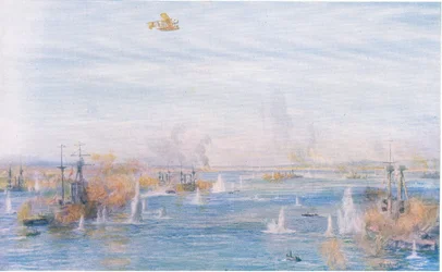 Bombarderen van de Narrows, 18 maart 1915, uit Cassells History of the British People gepubliceerd door de Waverley Book Company Limited, ca. 1940