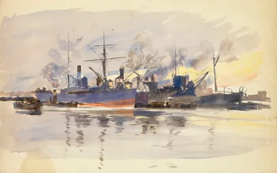 Schets van koopvaardijschepen in de haven