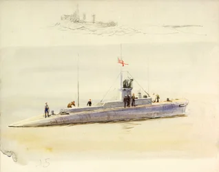 Onderzeeër J.5 en ruwe schets van een ander gevechtsschip, begin 20e eeuw