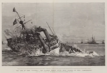 Het verlies van HMS Victoria, het vlaggenschip dat zinkt na te zijn geramd door HMS Camperdown