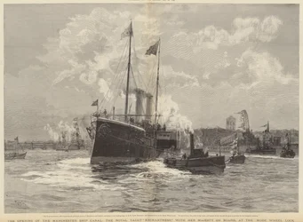 De opening van het Manchester Ship Canal, het Koninklijk Jacht Enchantress met Hare Majesteit aan boord, bij de Mode Wheel Lock