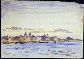 Uitzicht op het Royal Naval College in Greenwich (Engeland) aan de Theems bij zonsondergang, genomen vanaf Blackwall (tegenoverliggende oever)