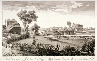 Westelijk uitzicht van Chelsea Bridge, Londen, c1760