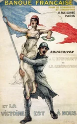Franse Bank voor Handel en Industrie. Poster voor de nationale lening: "Abonneer op de Bevrijdingslening en de Overwinning is Binnen" - ill. door William Malherbe