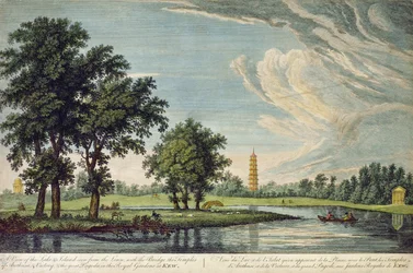 Kew, een uitzicht op het meer en het eiland gezien vanaf het gazon, met de brug, de tempels van Arethusa en Victory en de grote pagode in de Koninklijke Tuinen van Kew