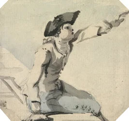 Man Zittend op een Parapet die zijn Linkerarm Zwaait