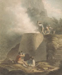 Landschap met kalkoven en arbeiders