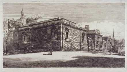 Uitzicht op Newgate Prison, Old Bailey, vanaf Newgate Street, City of London, ca. 1900