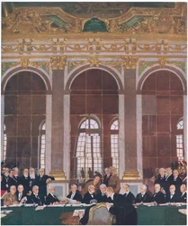 Ondertekening van de vrede in de Spiegelzaal, Paleis van Versailles, 28 juni 1919, uit Cassells History of the British People gepubliceerd door de Waverley Book Company Limited, ca. 1940