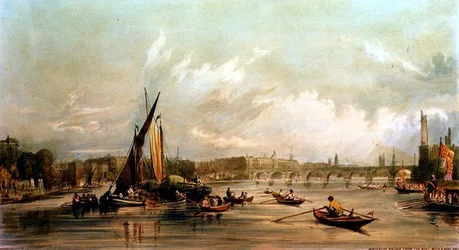 Waterloo Brug vanuit het Westen met een Bootrace (litho)
