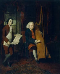 John Parry de blinde harpist met een assistent