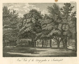 Oostelijk uitzicht op de cottage-tuin bij Strawberry Hill, Twickenham, Londen