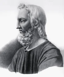 Portret van Pedanius Dioscorides (circa 40-circa 90), Griekse arts, botanicus en apotheker, gravure