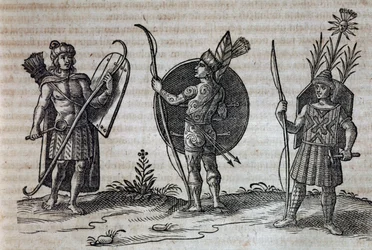 Typen Franse Canadese Indianen, illustratie uit Beschrijving van Nouvelle-France