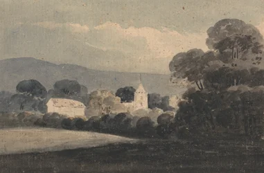 Landschap met een kerk tussen bomen