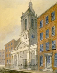 Noordoostelijk uitzicht op de kerk van St Peter-le-Poer en Old Broad Street, City of London