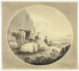 Herders, koeien en schapen in een landschap