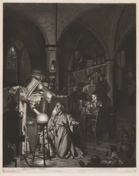 De alchemist, op zoek naar de steen der wijzen, ontdekt fosfor en bidt