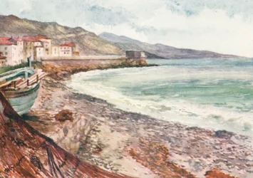 Frankrijk en Italië, Aan de kust, Mentone, kijkend in de richting van Bordighera (kleurenlitho)