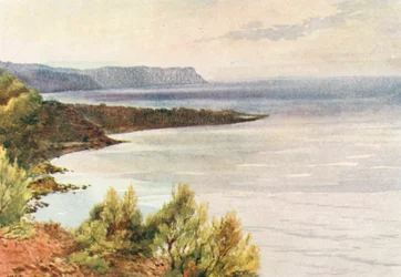 Uitzicht vanaf Santa Croce, kijkend in de richting van Albenga, vroege ochtend (kleurenlitho)