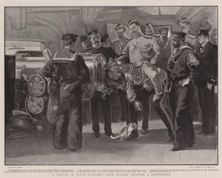 Een les in marine artillerie, lijfwachten bezoeken een slagschip