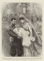 De doop van de dochter van de tsaar, de toediening van het sacrament aan de baby