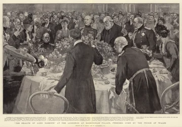 De gezondheid van Lord Roberts tijdens de lunch in Buckingham Palace, voorgezeten door de Prins van Wales