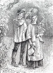 De kroning van de Meikoningin met een krans van meidoorn door haar geliefde. Door William Small, een Engelse illustrator