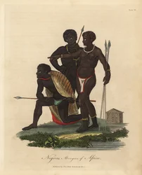 Zuid-Afrikaanse inboorlingen met speren, dierenhuidjas, ketting