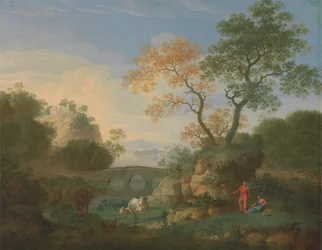 Een Landschap met Verre Klassieke Ruïnes, een Brug, Figuren en Vee
