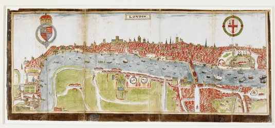 Sloane 2596, f.52 Uitzicht op Londen vanuit het zuiden, met de rivier de Theems, de London Bridge en de Tower