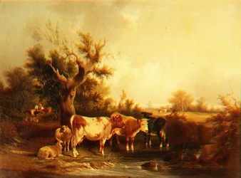 Een bebost landschap met vee bij een stroom