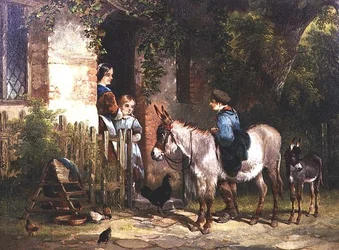 Figuren met Ezel buiten een Huisje