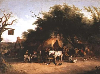 Reizigers rusten bij een landelijk herberg
