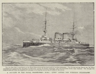 Een nieuwigheid in de marine manoeuvres, H.M.S. Juno uitgerust voor draadloze telegrafie