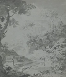 Landschap met een klassiek gebouw in de verte en een man die vist