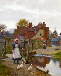 De eenden naar huis drijven bij de oude brug, Abingdon