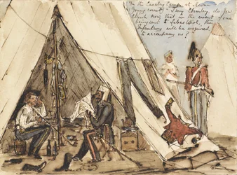 In het cavaleriekamp bij Devna (Jonge Kornet) ?Ik zeg Charley, denk je nu dat in het geval dat we naar Sebastopol worden gestuurd, de infanterie ons zal moeten vergezellen?, c.1854