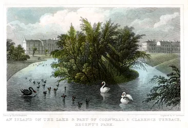 Eiland op het meer en Deel van Cornwall en Clarence Terrassen, Regents Park, Londen, 1828