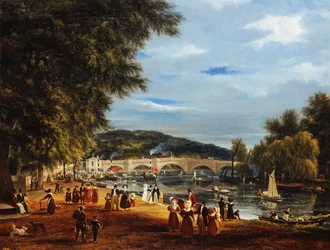 Een Uitzicht op de Richmond Brug met Boten op de Rivier en Figuren die Promeneren